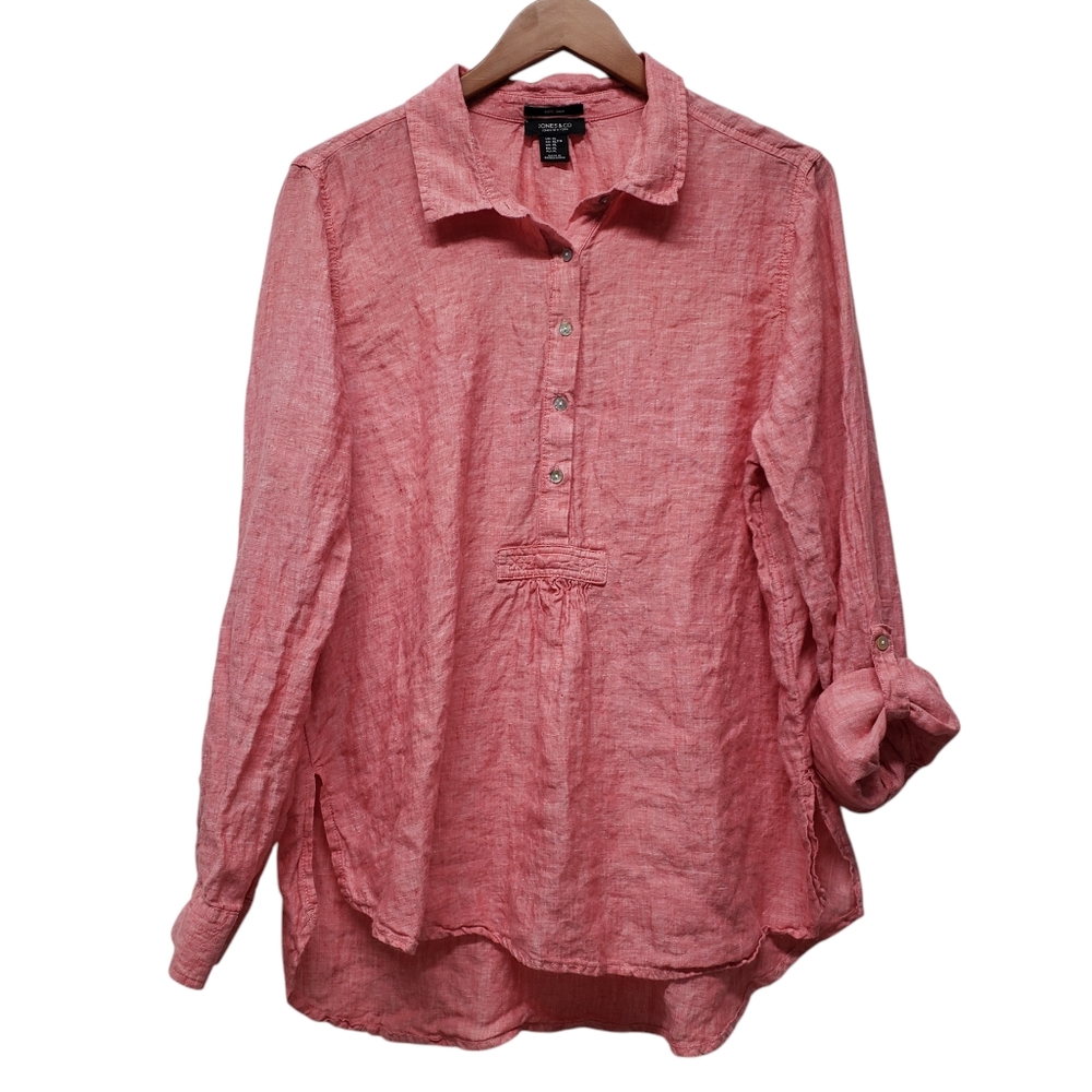 Jones & Co 100% Linen Popover Shirt Rolled Tab Long Sleeve Size XL Breathable